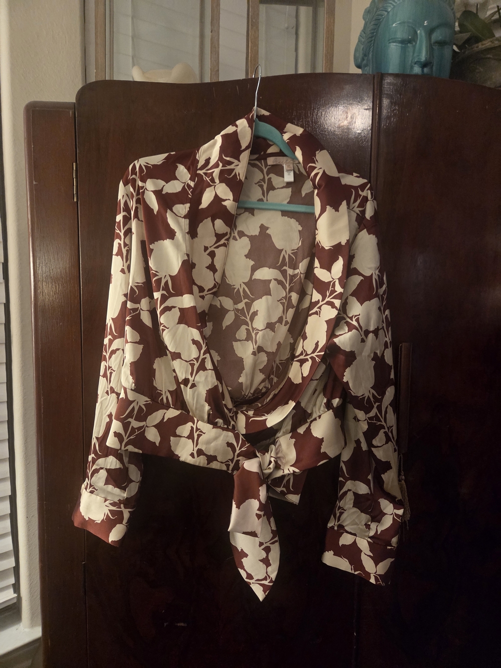 Anthropologie Burgundy and Cream Floral Tie-Front Blouse